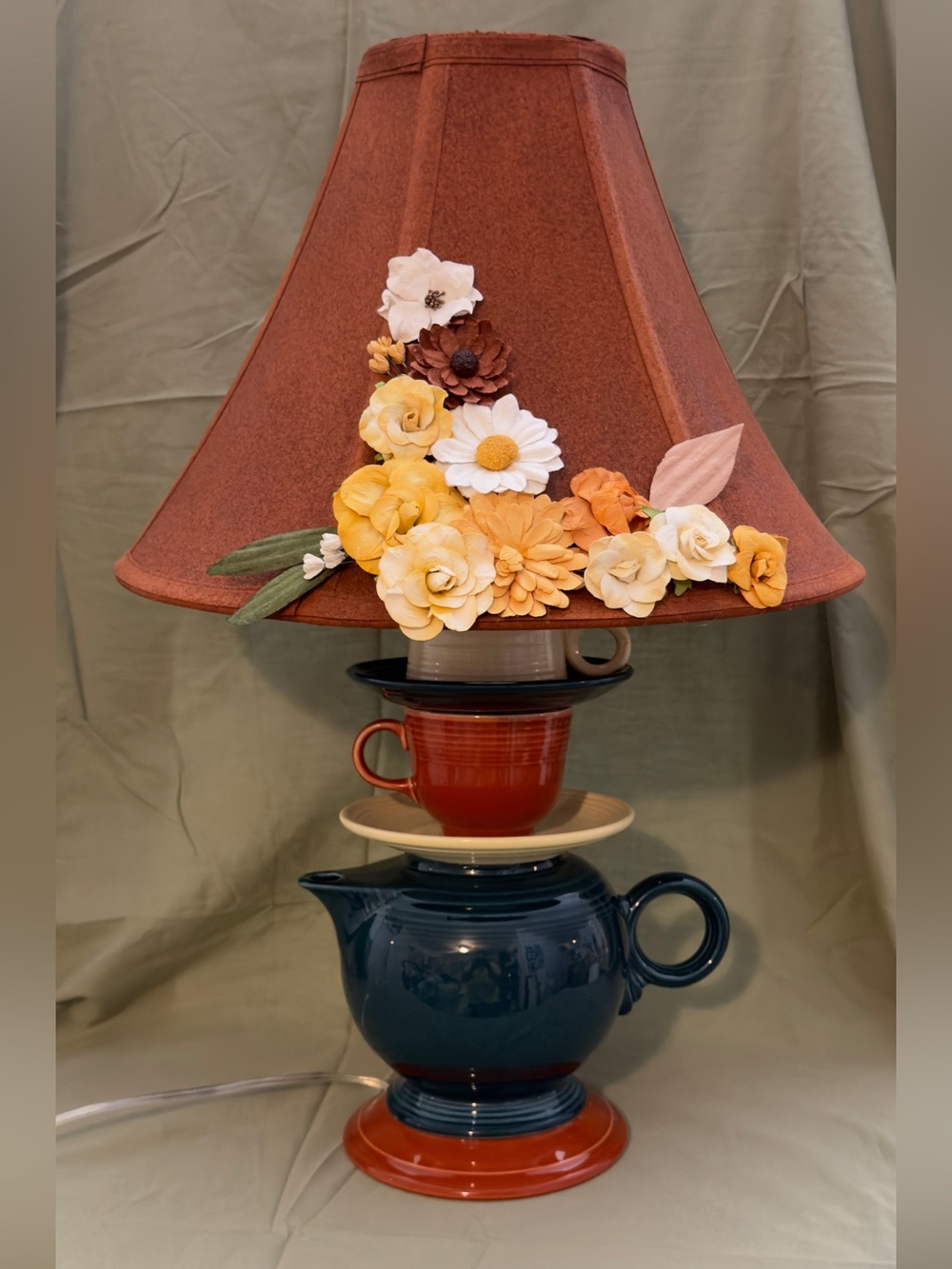 One of a kind, handmade, Fiestaware teacup lamp